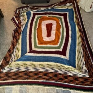 Unique vintage Crochet Wool Throw Blanket; Size: approx. 82" x 69”;